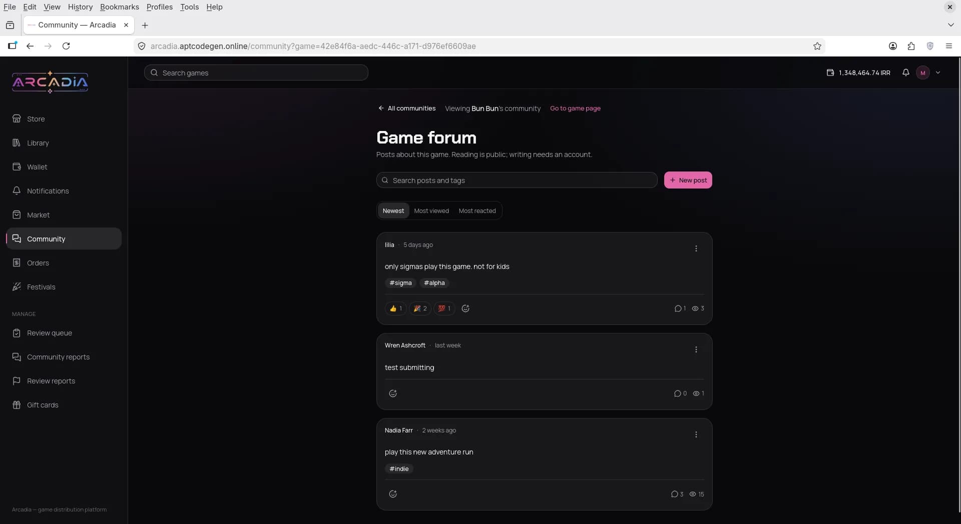 Per-game community forum with posts, tags, and reactions