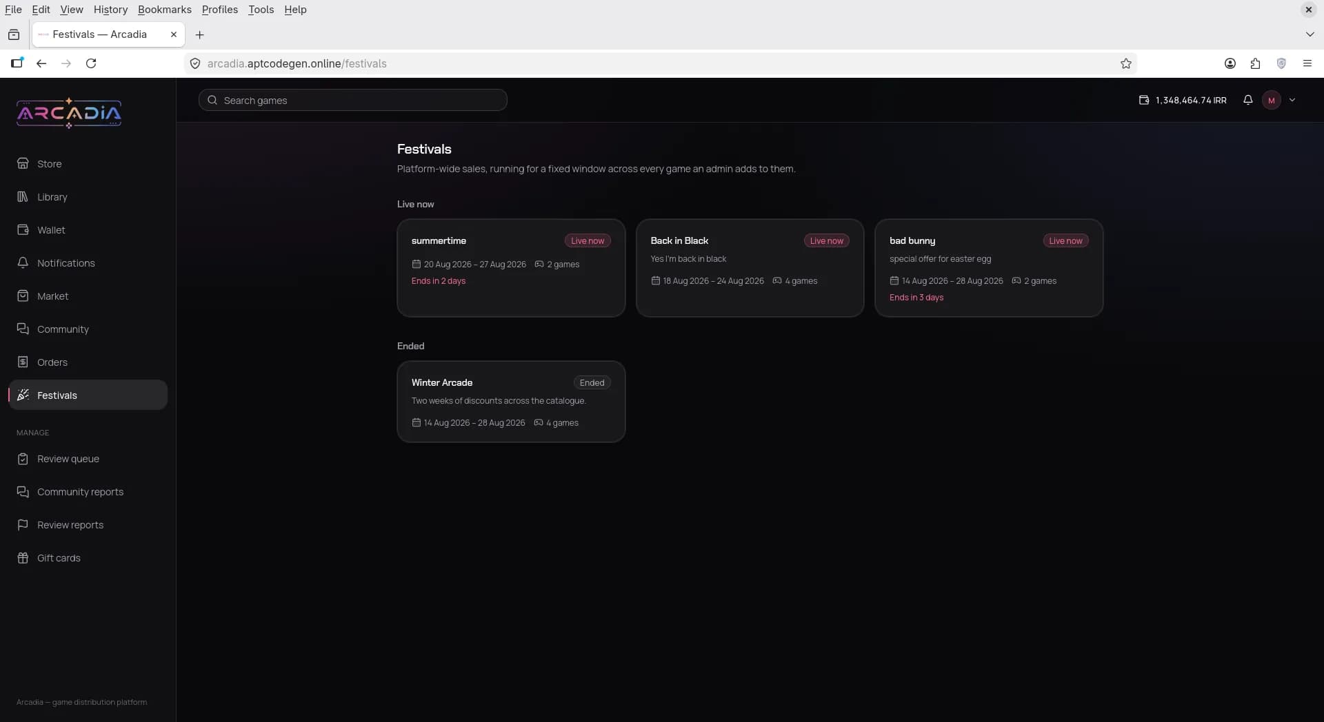 Festivals page with live and ended platform-wide sales