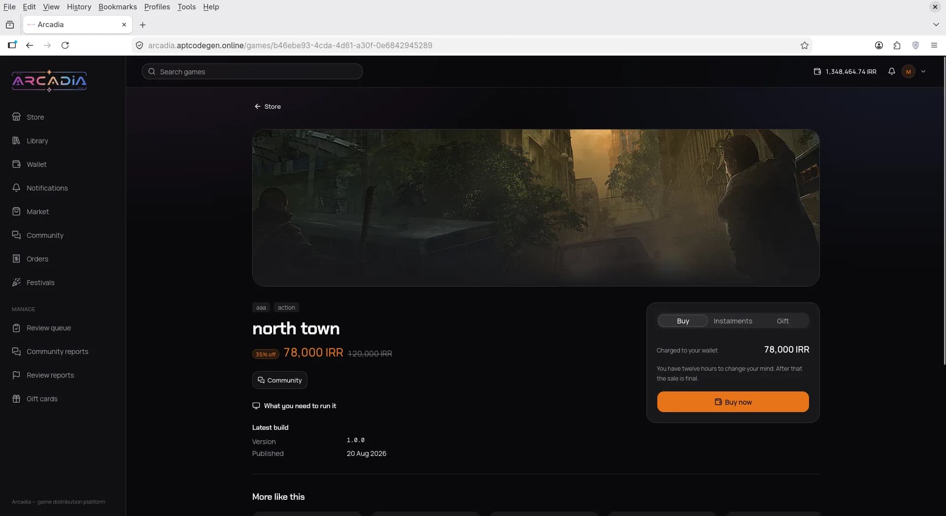 Game detail page for north town with buy instalments and gift tabs