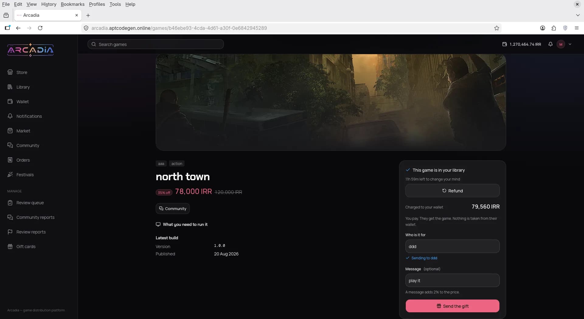 Owned game panel with refund countdown and send-as-gift form