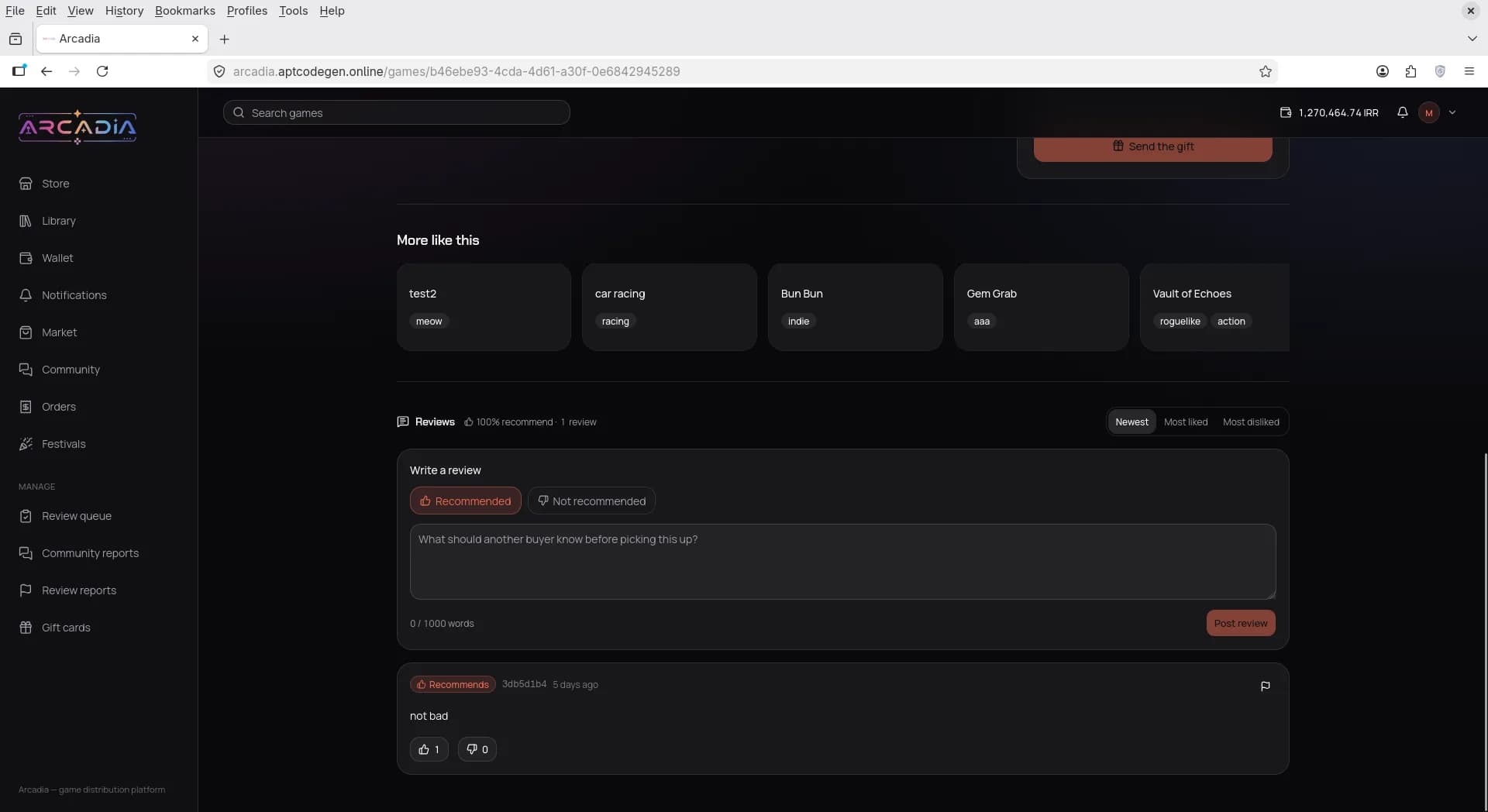 Game reviews section with write-a-review form and related titles