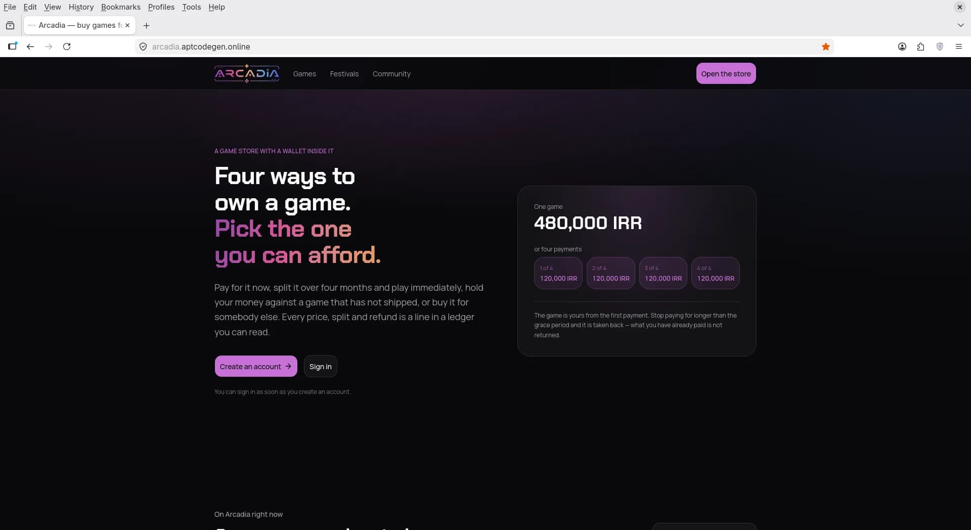 Arcadia landing page with wallet-first headline and installment pricing card