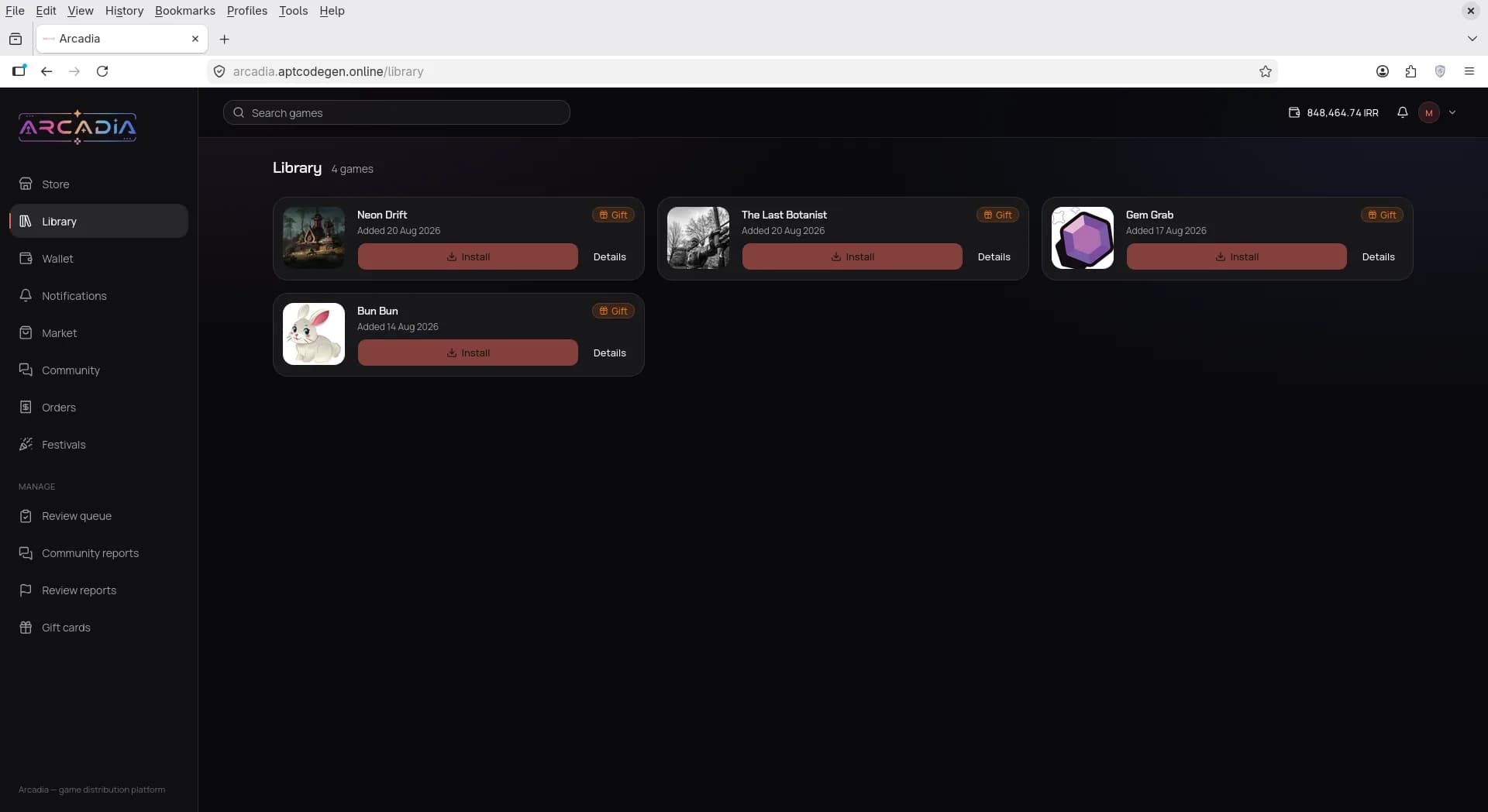 Personal game library with Install and Details actions