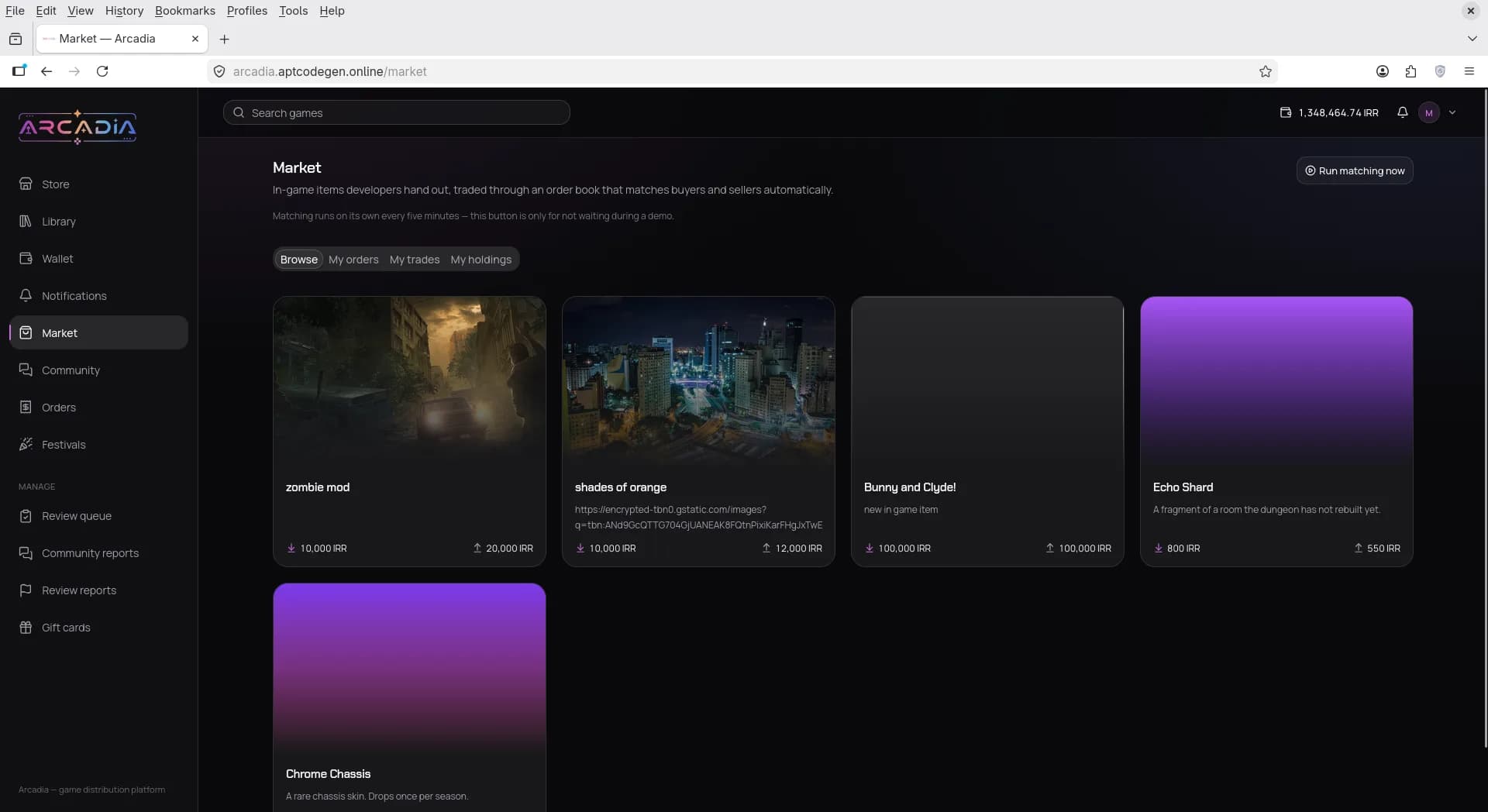 Item marketplace browse grid with buy and sell prices