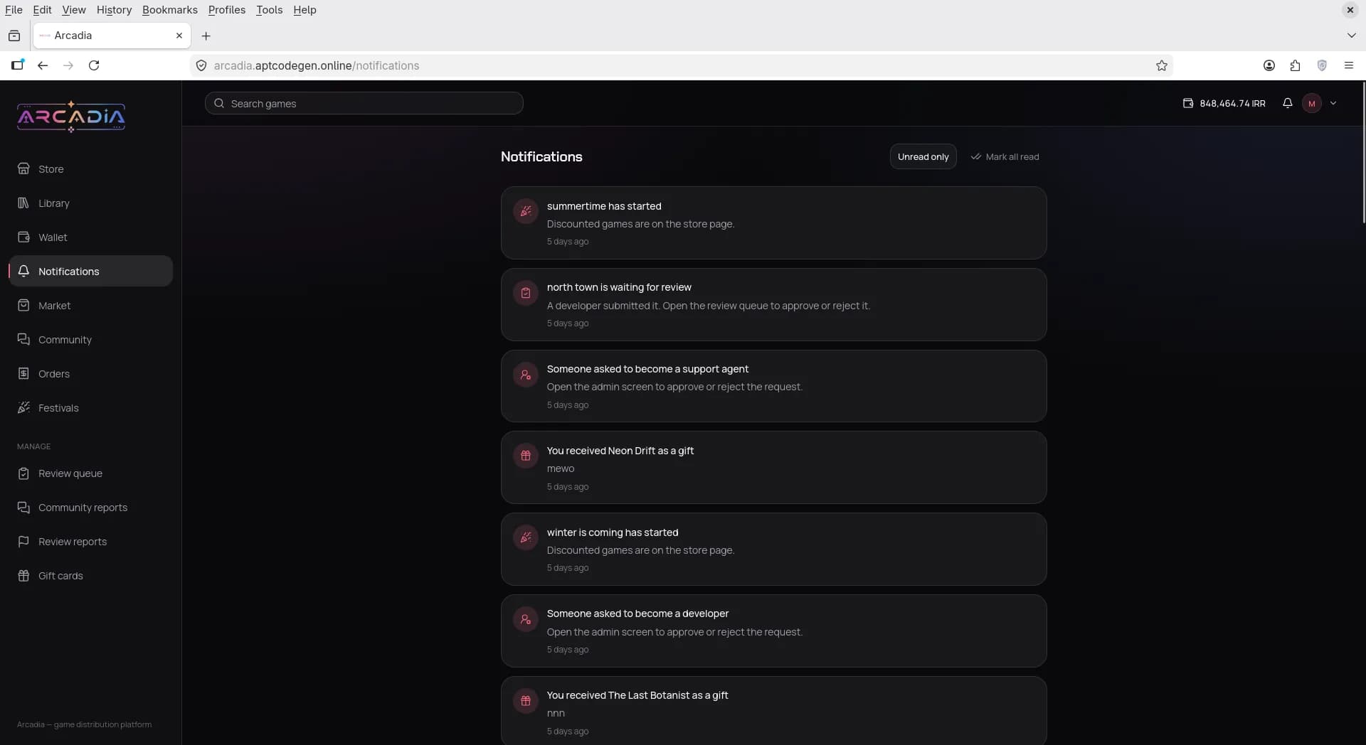 Notifications feed with festival, review queue, and gift alerts