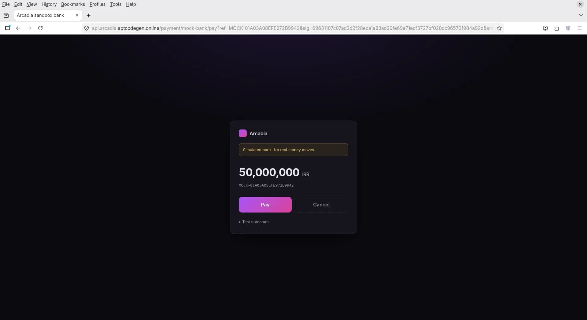 Simulated bank checkout modal for Arcadia payments