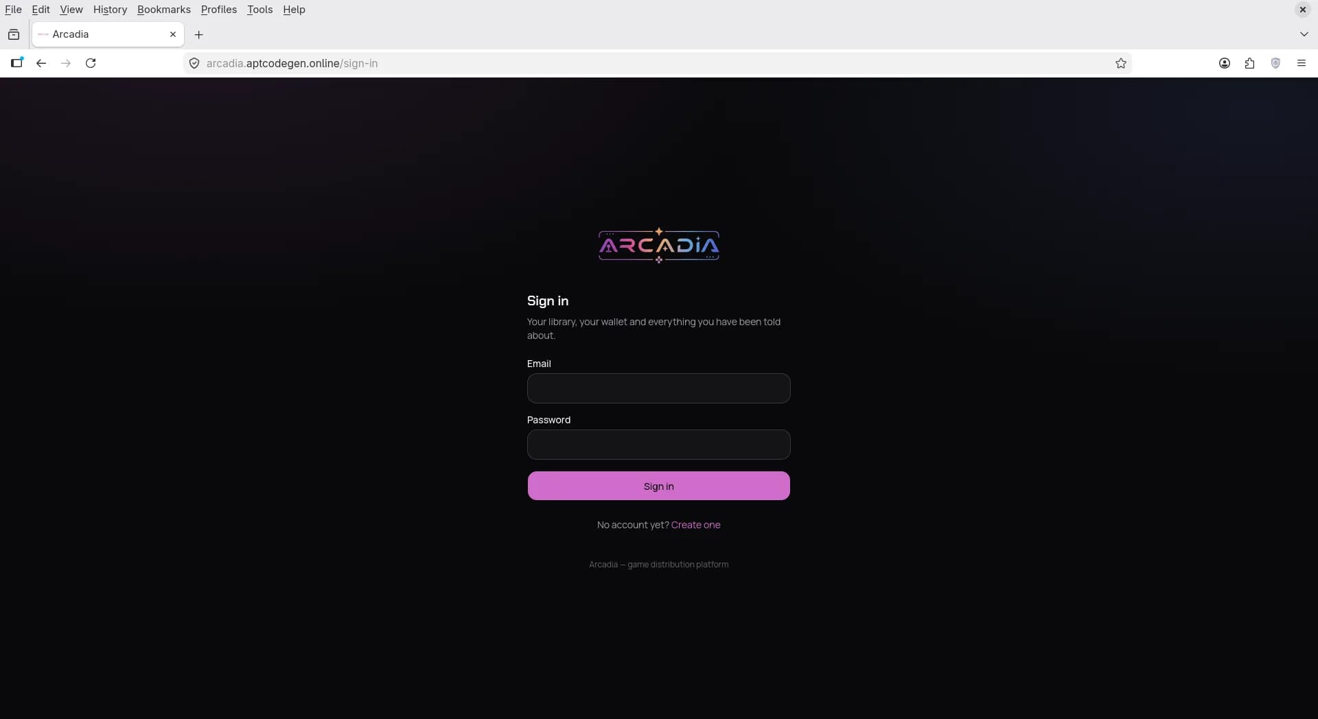 Sign-in screen for Arcadia