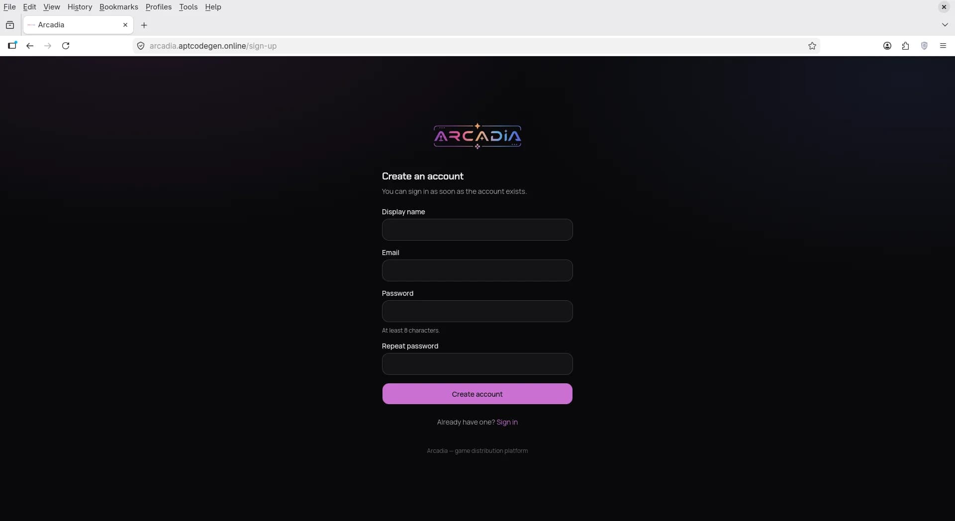 Create an account form on Arcadia