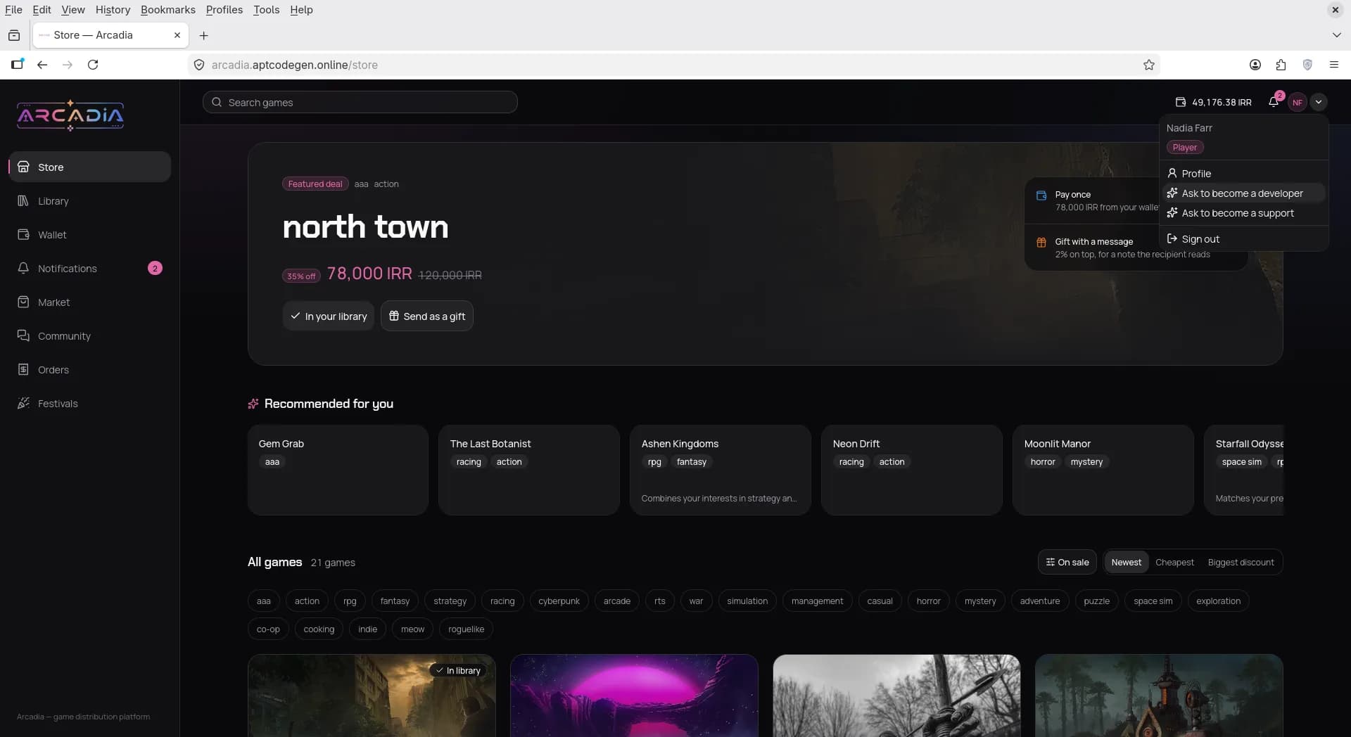 Store viewed as a player with profile menu open