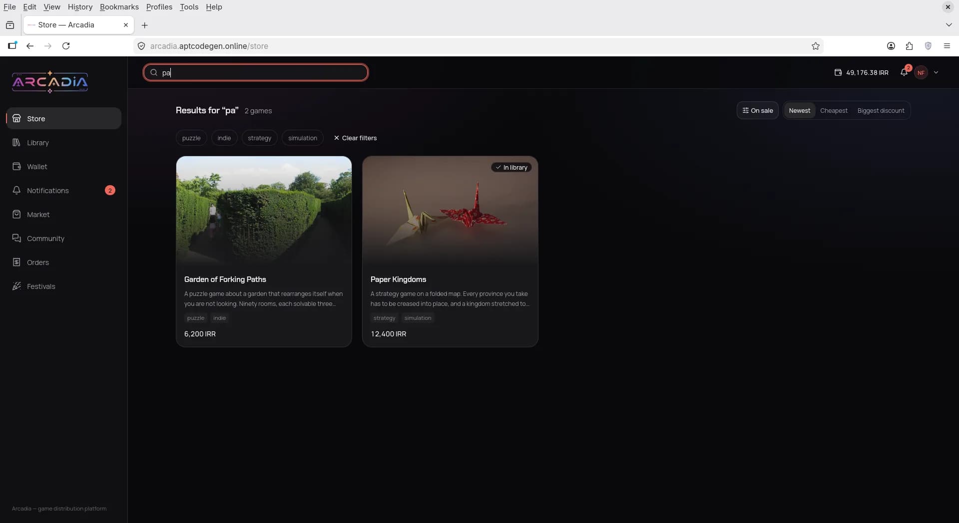 Store search results for puzzle and strategy indie games