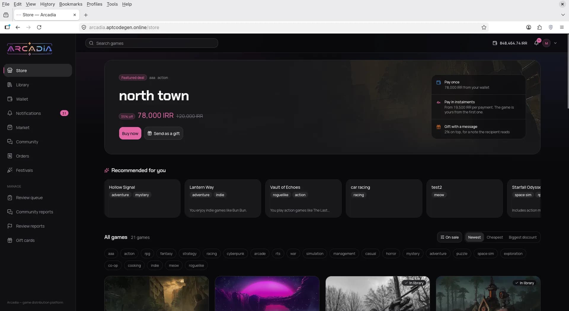 Store home with featured deal, recommendations, and game catalog