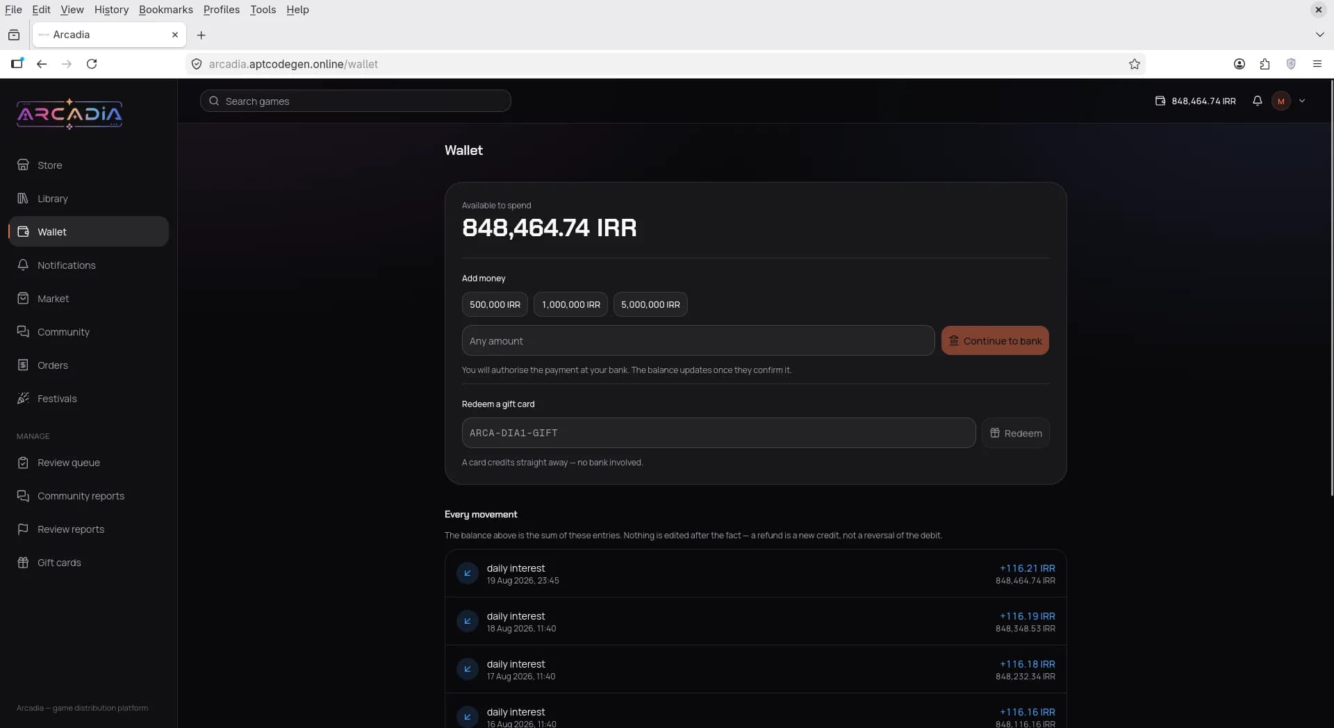 Wallet page showing balance, top-up amounts, gift card redeem, and ledger