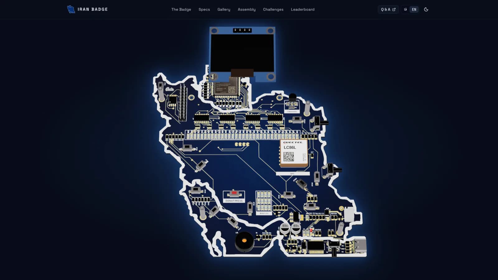 Iran Badge hero with map-shaped PCB