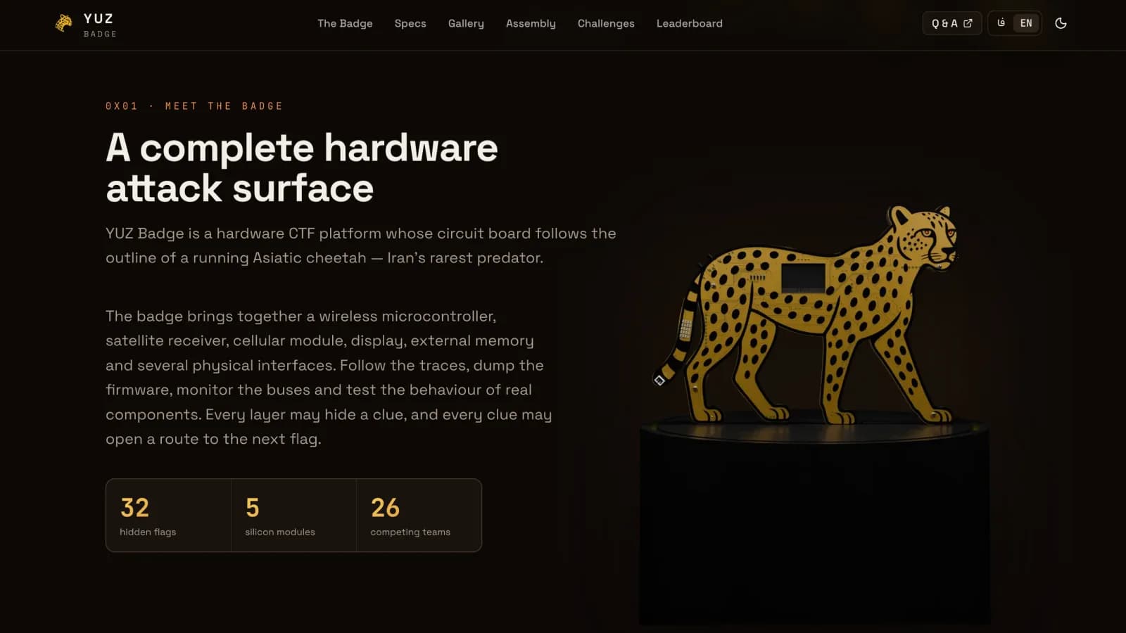YUZ Badge product intro with stats and pedestal render