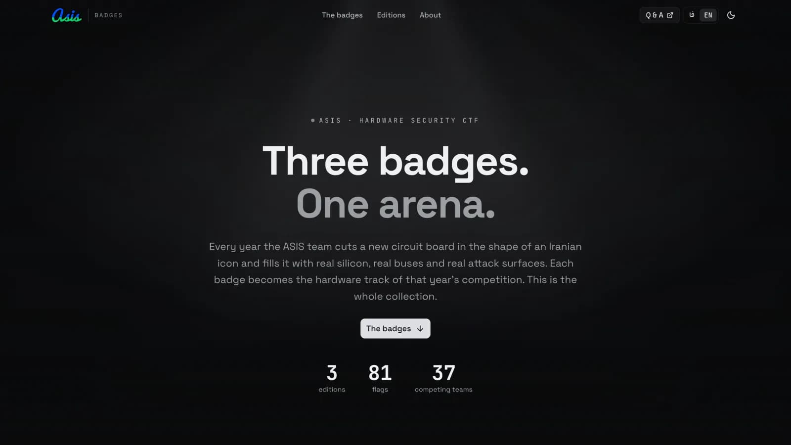 ASIS Badges umbrella landing hero — Three badges. One arena.