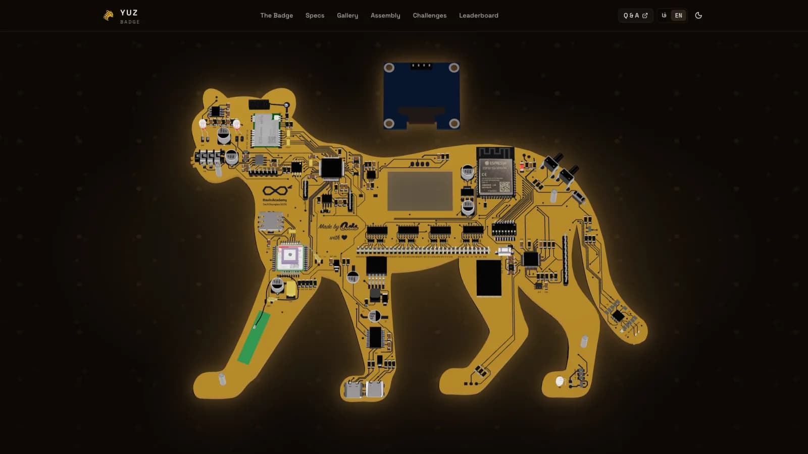 YUZ Badge hero with cheetah-shaped PCB
