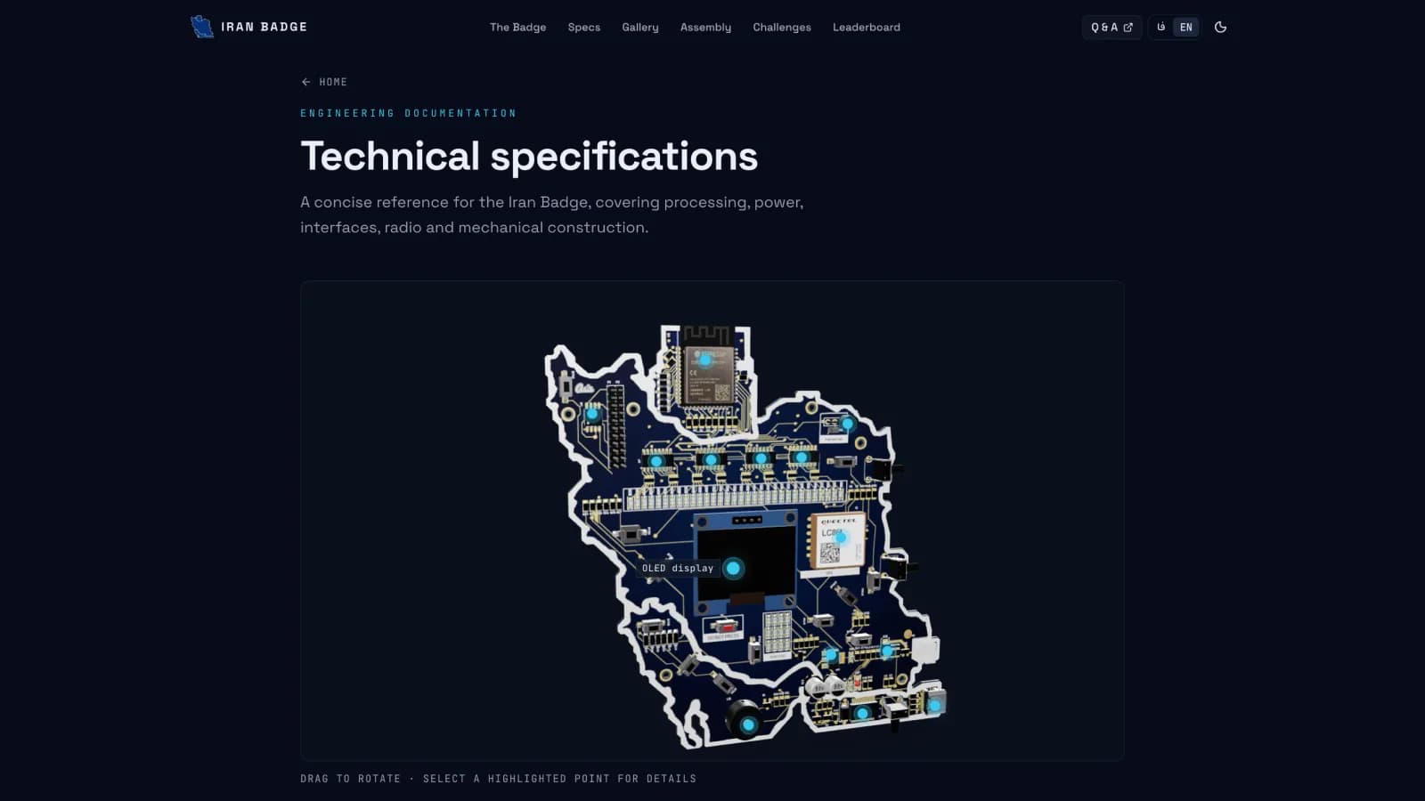 Iran Badge specs page with interactive 3D model and OLED hotspot
