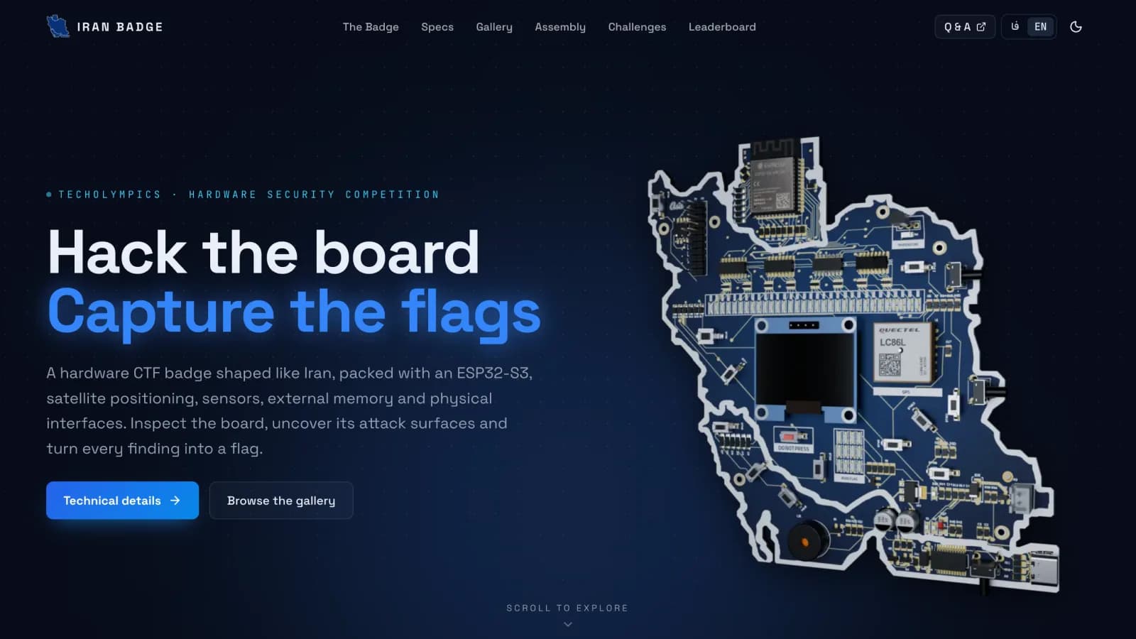Iran Badge marketing hero with Hack the board headline