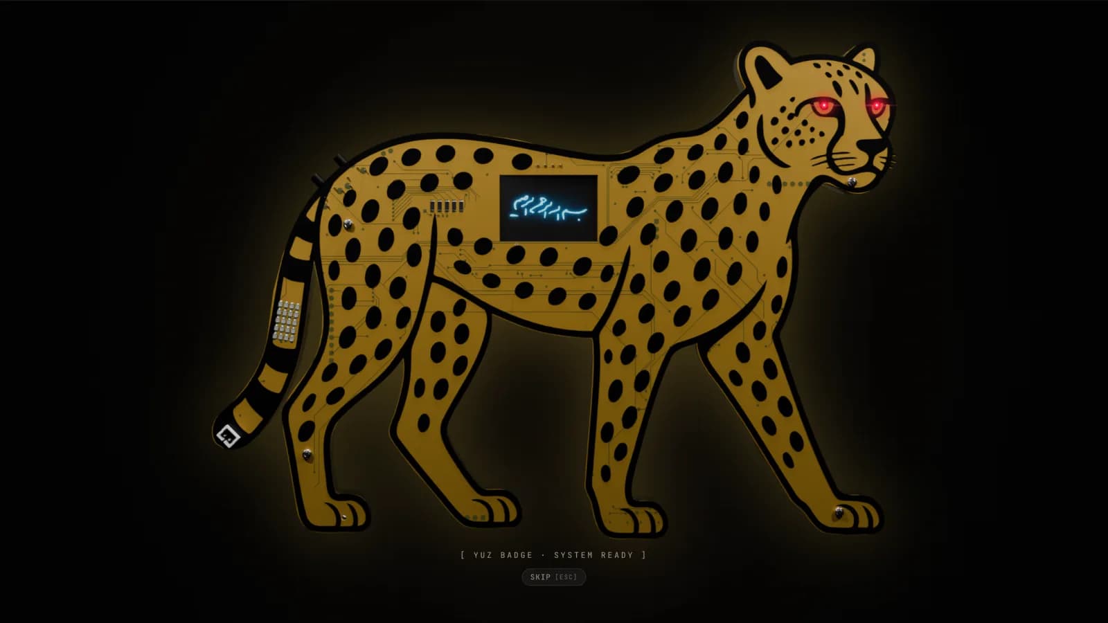 YUZ Badge system ready splash with PCB cheetah and OLED