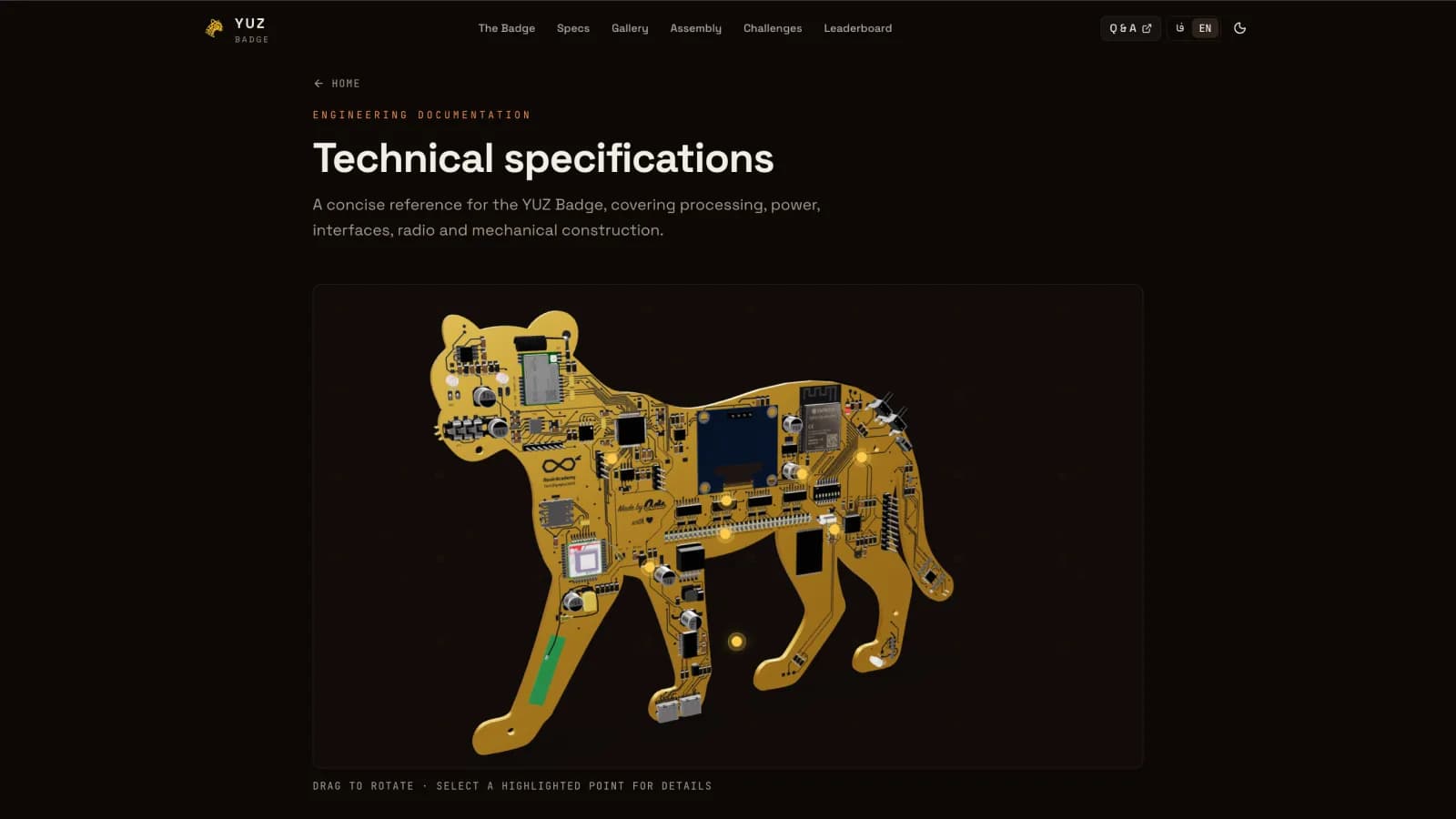 YUZ Badge technical specifications with interactive 3D model