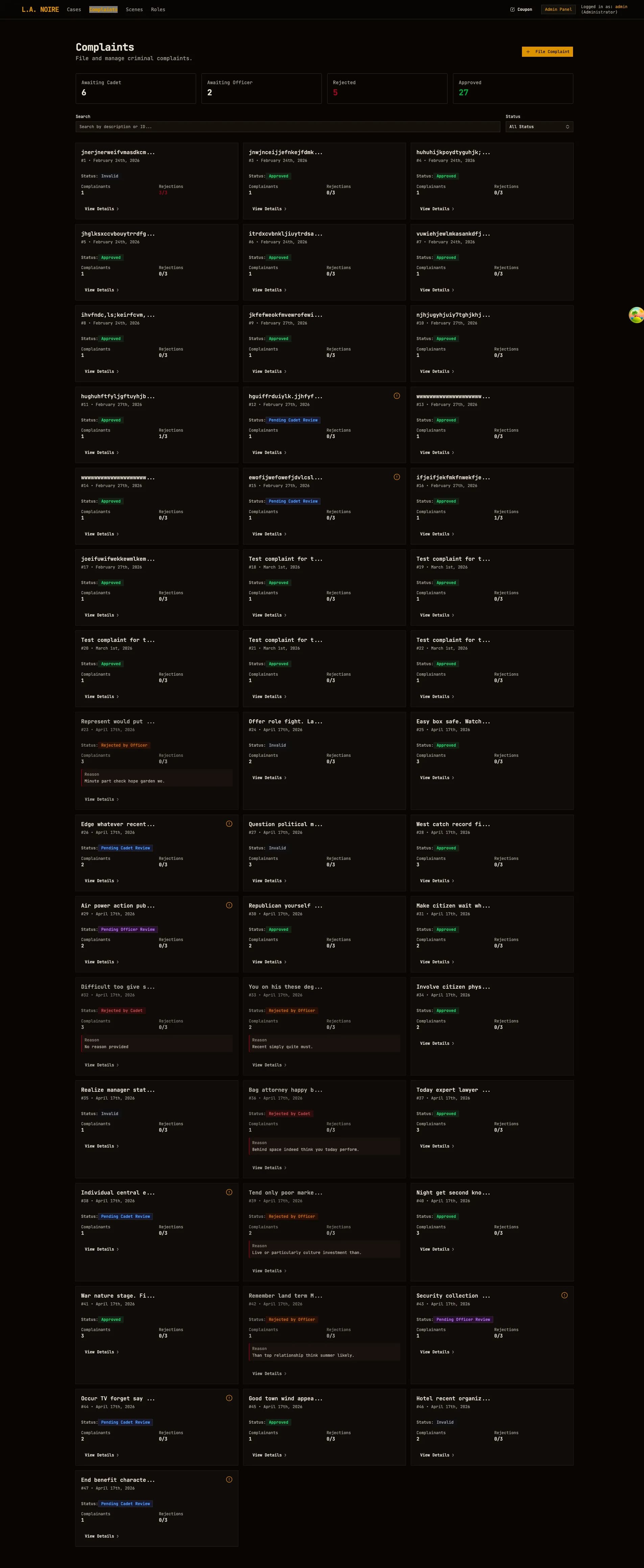 Complaints list page
