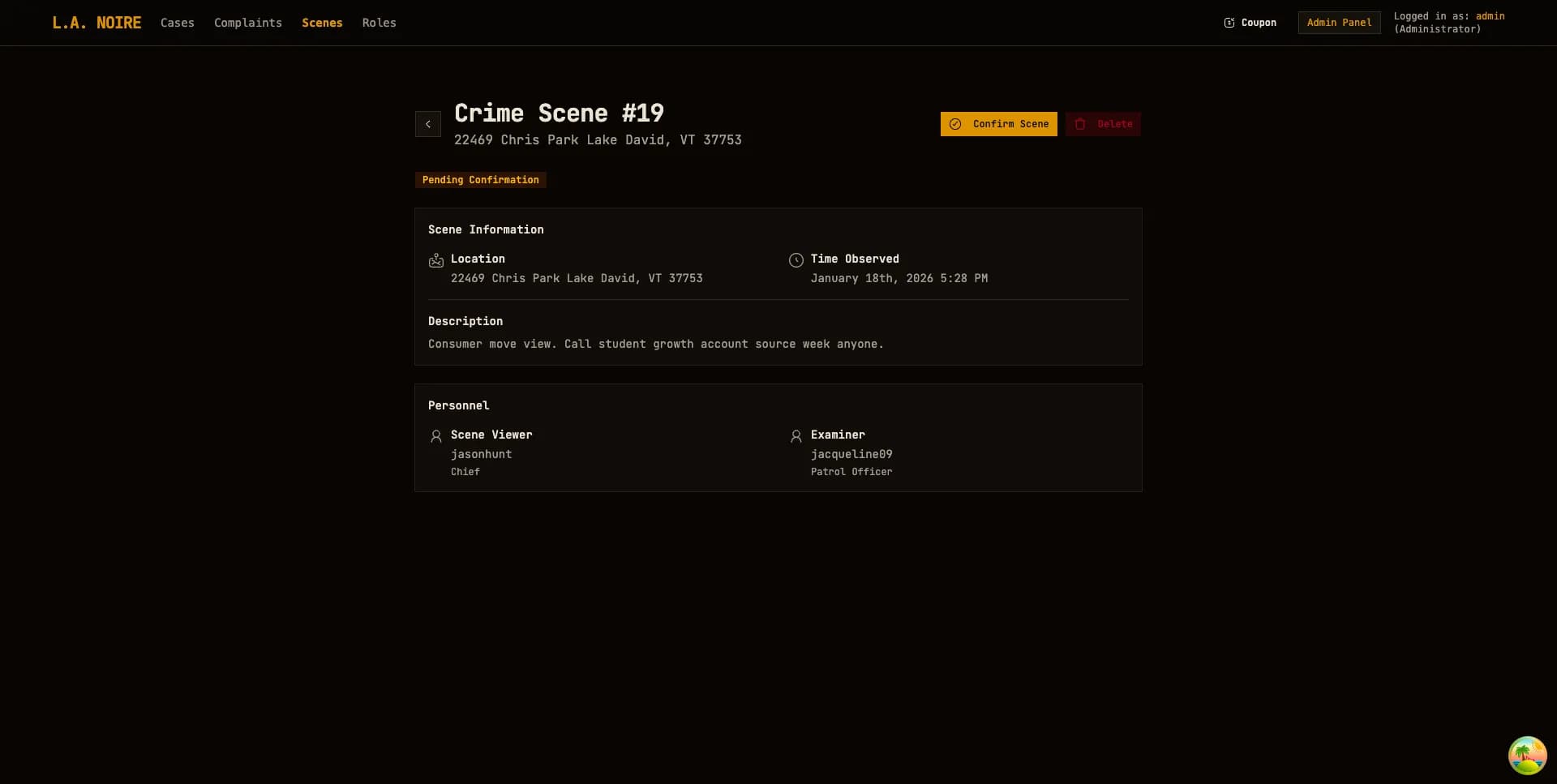Confirm or delete crime scene dialog