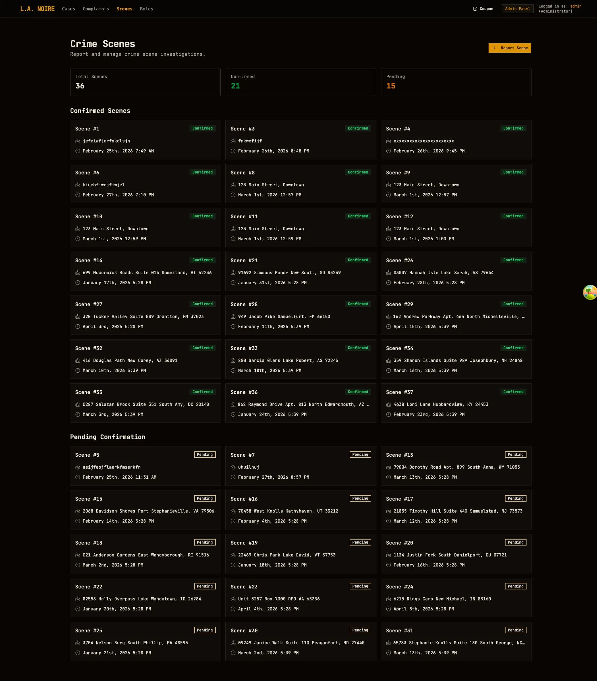 Crime scenes list