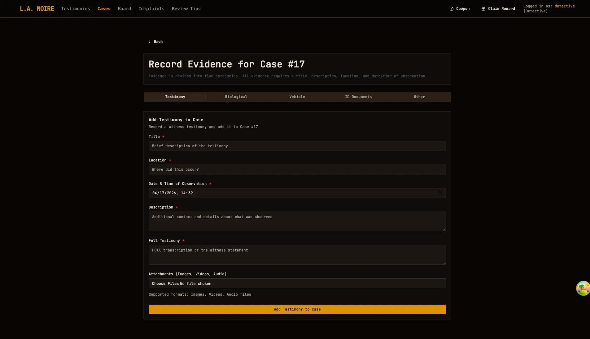 Record evidence form for a case
