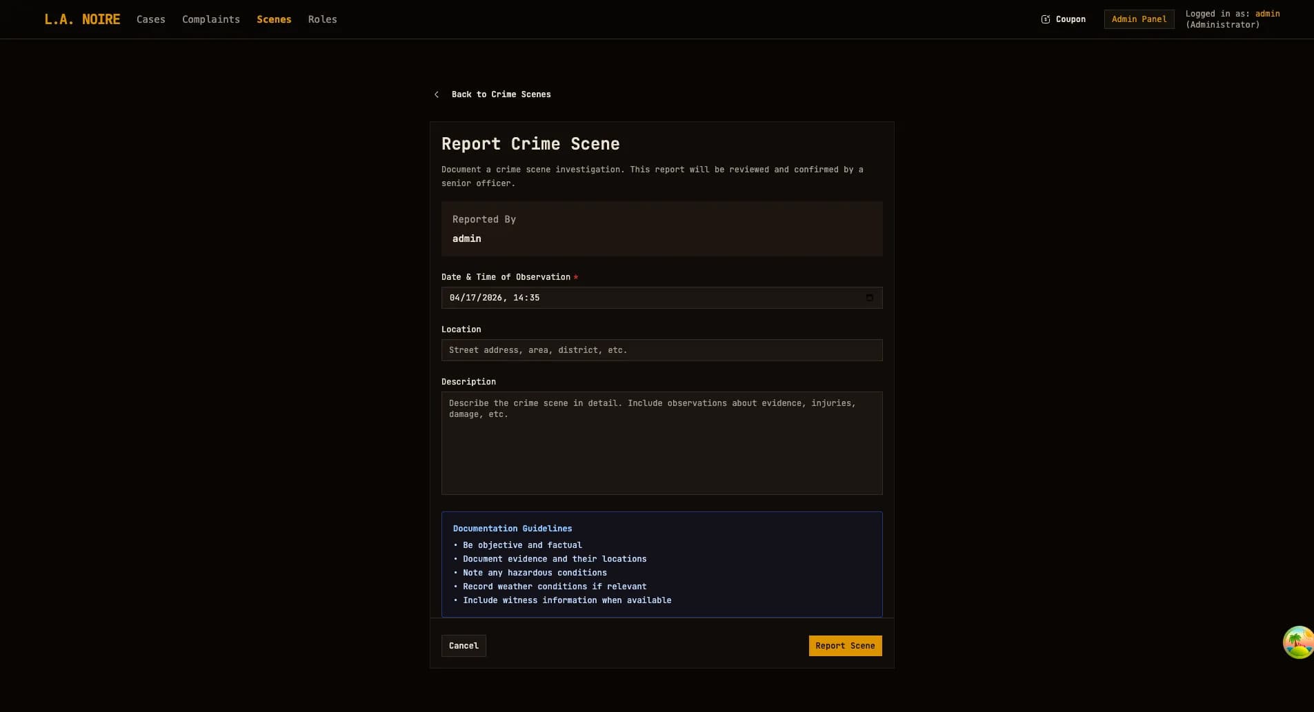 Report a crime scene form
