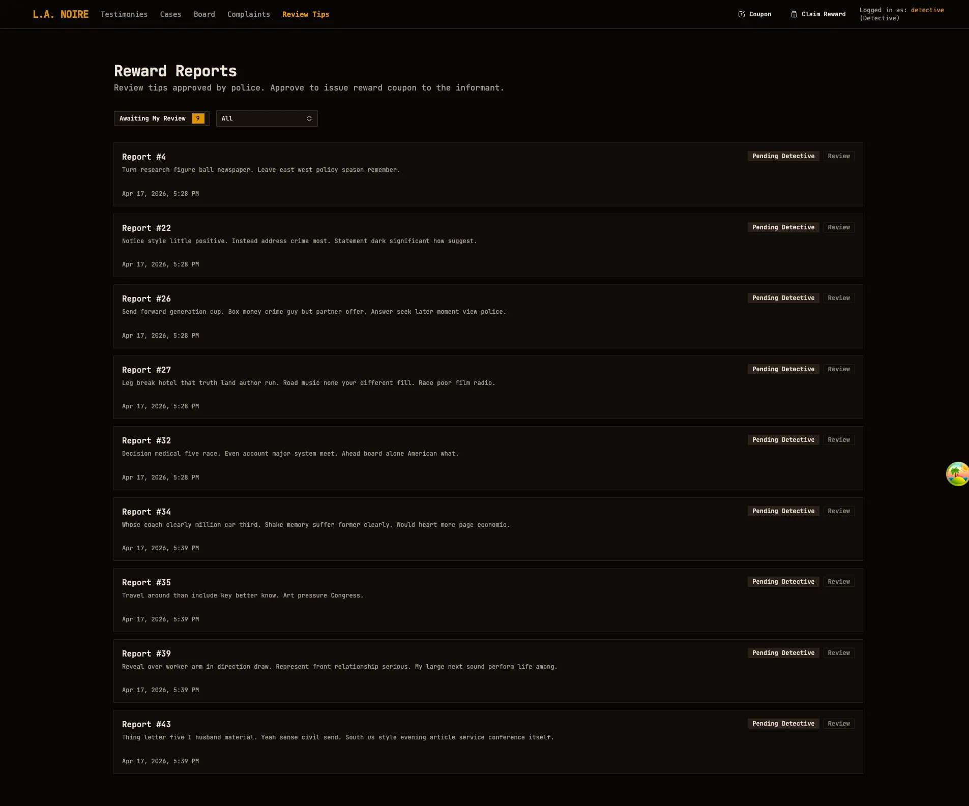Reward reports list