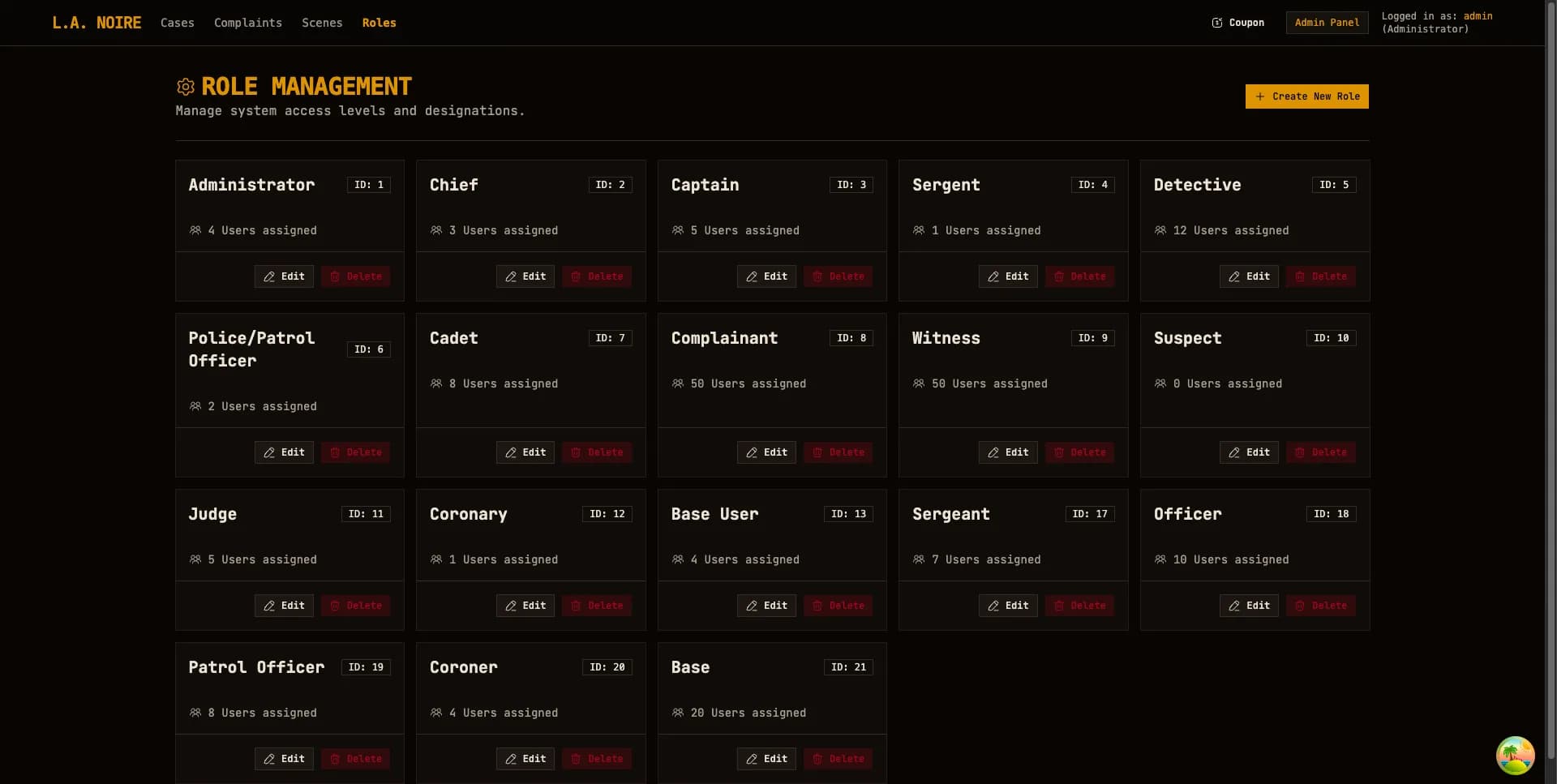 Role management admin screen