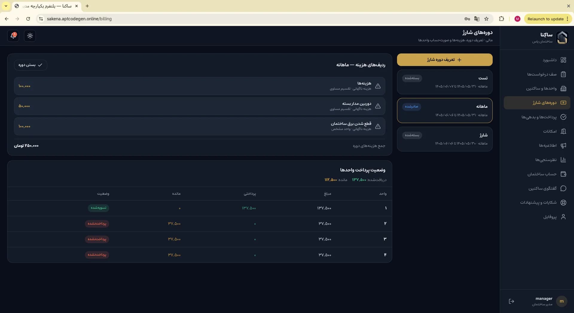 Charge periods with expense lines and unit payment status