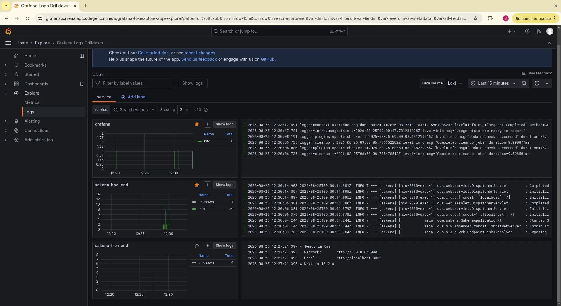 Grafana logs showing Spring Boot and Next.js startup streams